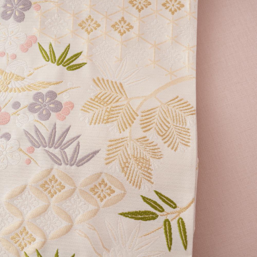 NISHIJIN TABLE RUNNER – CRANE & PLUM BLOSSOM ON IVORY, PINK (KYOTO)