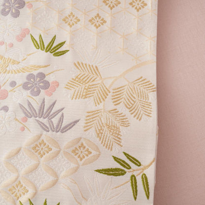 NISHIJIN TABLE RUNNER – CRANE & PLUM BLOSSOM ON IVORY, PINK (KYOTO)