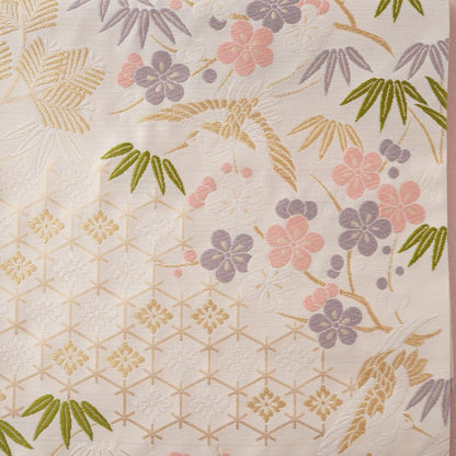 NISHIJIN TABLE RUNNER – CRANE & PLUM BLOSSOM ON IVORY, PINK (KYOTO)