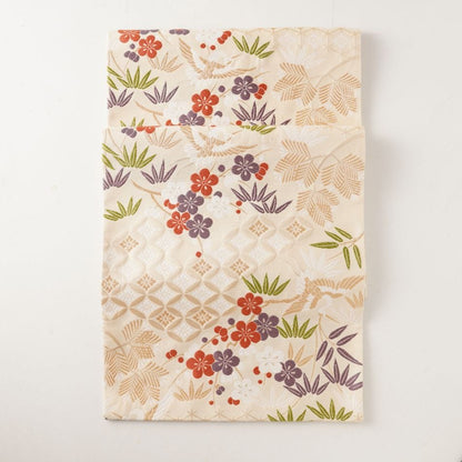 Nishijin table runner, crane and pine bamboo plum on vermilion, Kyoto