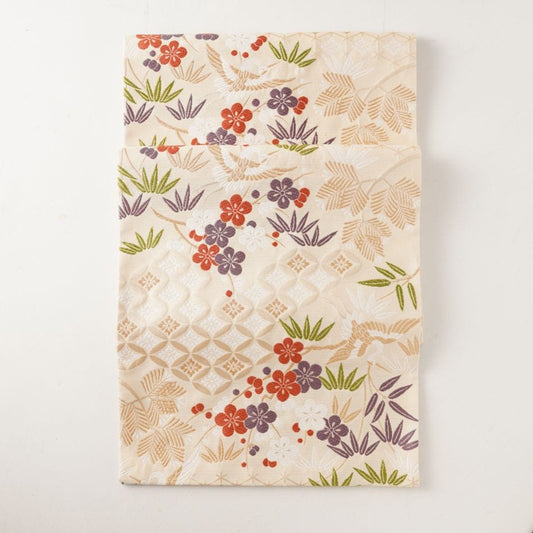 Nishijin table runner, crane and pine bamboo plum on vermilion, Kyoto