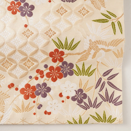 NISHIJIN TABLE RUNNER – CRANE & PLUM BLOSSOM ON IVORY, VERMILION (KYOTO)