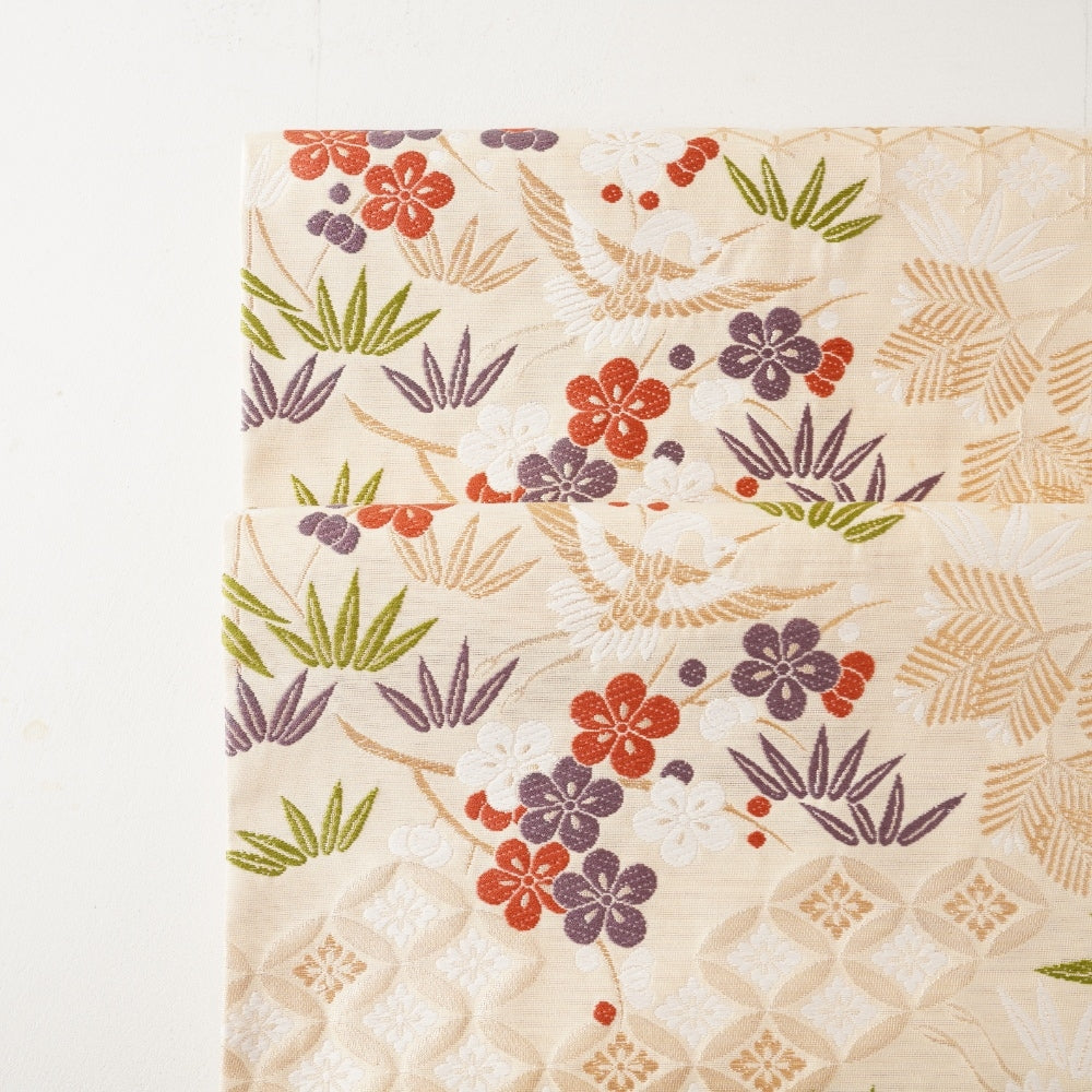 NISHIJIN TABLE RUNNER – CRANE & PLUM BLOSSOM ON IVORY, VERMILION (KYOTO)