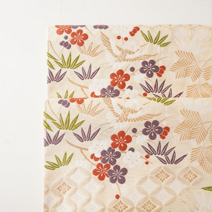 NISHIJIN TABLE RUNNER – CRANE & PLUM BLOSSOM ON IVORY, VERMILION (KYOTO)