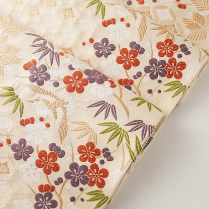 NISHIJIN TABLE RUNNER – CRANE & PLUM BLOSSOM ON IVORY, VERMILION (KYOTO)