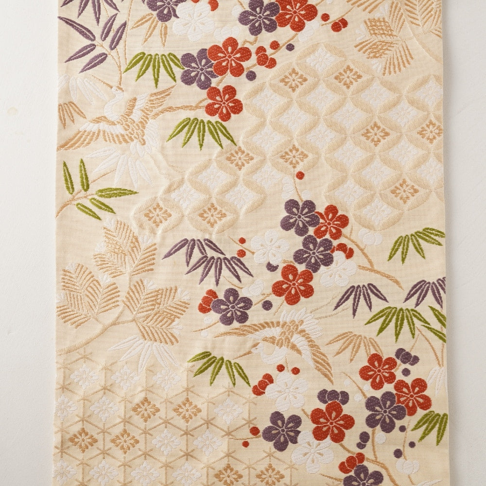 NISHIJIN TABLE RUNNER – CRANE & PLUM BLOSSOM ON IVORY, VERMILION (KYOTO)