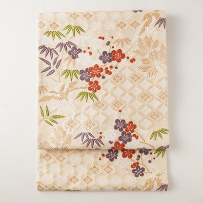 NISHIJIN TABLE RUNNER – CRANE & PLUM BLOSSOM ON IVORY, VERMILION (KYOTO)