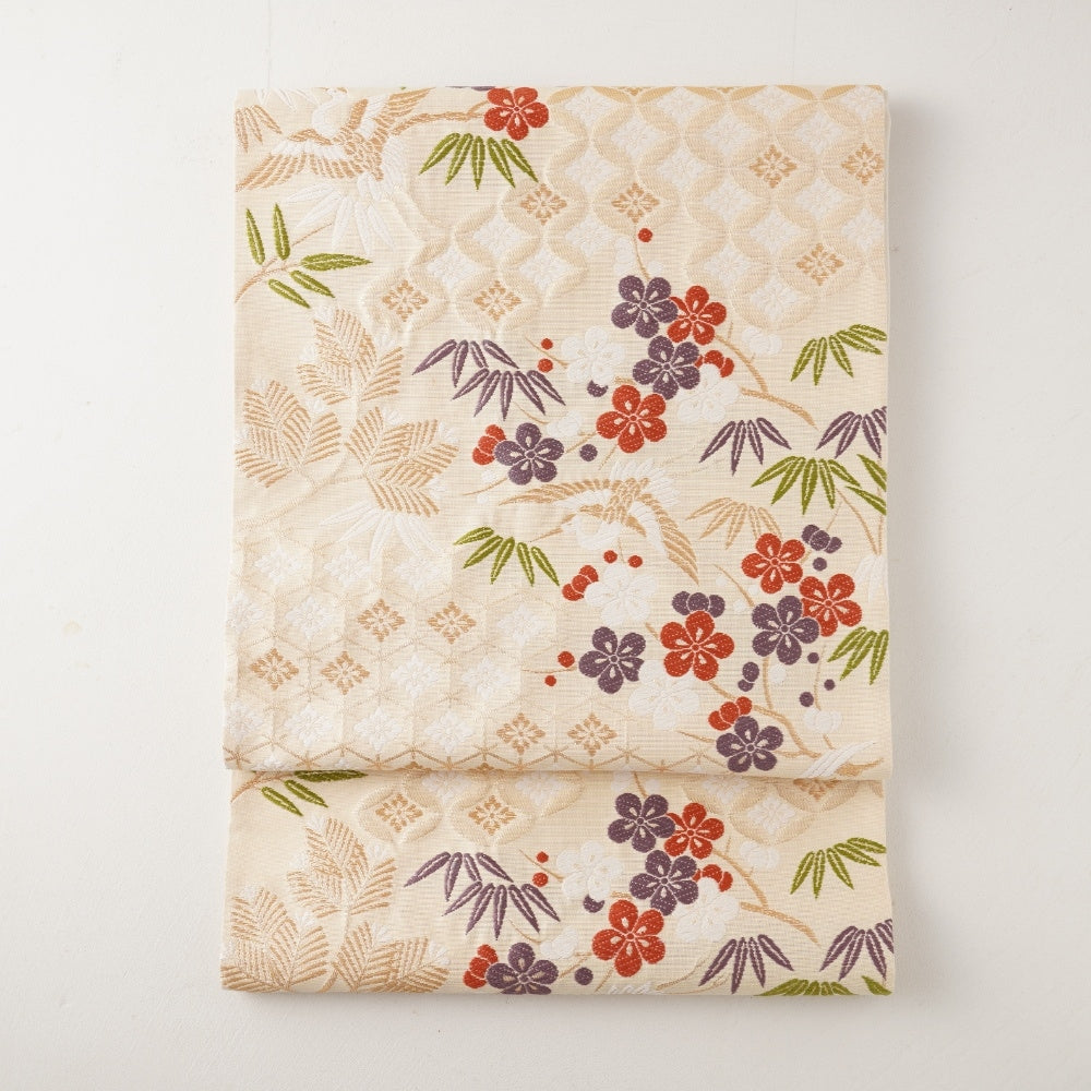 NISHIJIN TABLE RUNNER – CRANE & PLUM BLOSSOM ON IVORY, VERMILION (KYOTO)