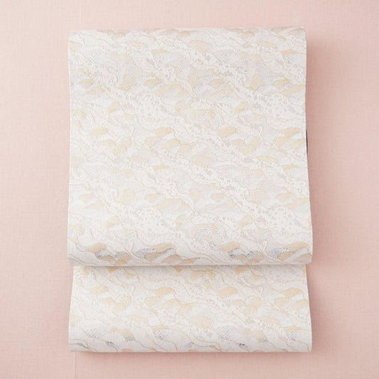 Nishijin table runner, gold and silver waves on white, 235 cm, Kyoto