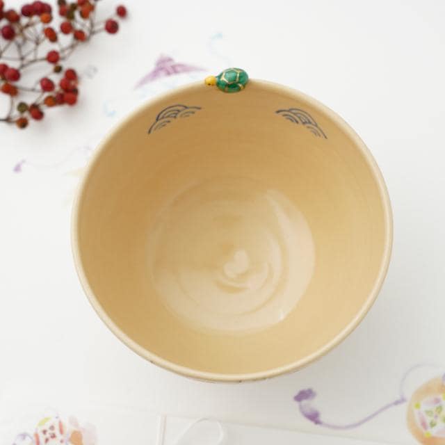 Crane and turtle matcha bowl, inside view