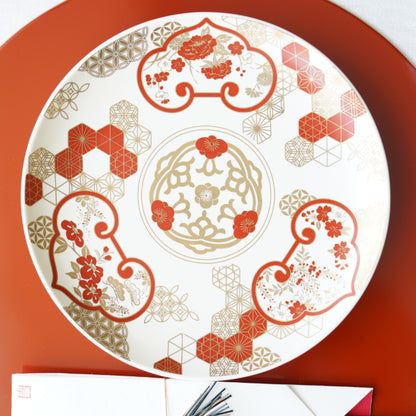 "KINRAN" PLATE – RED & GOLD 8.3INCH, GIFT BOXED (YUWEN)