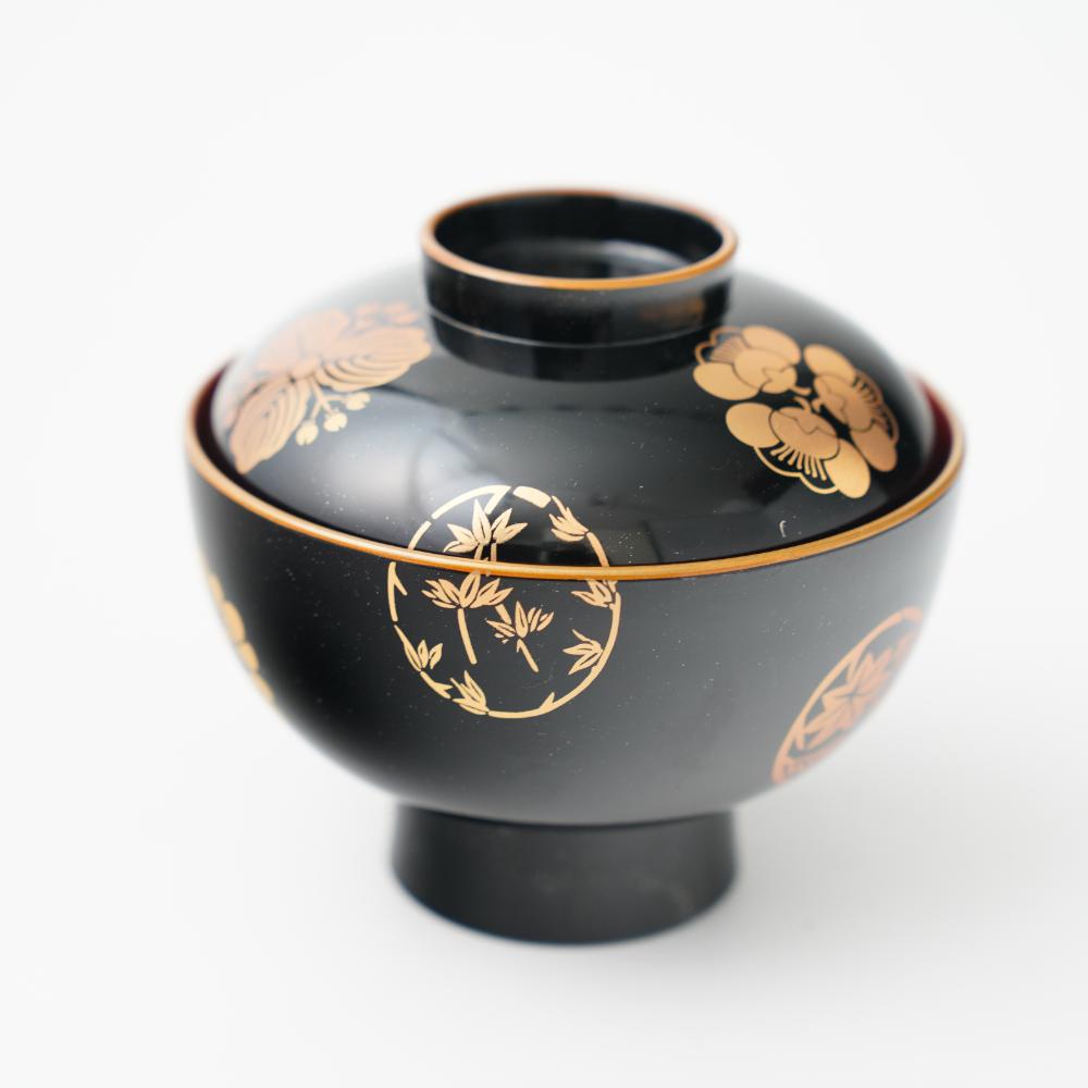 YUWEN ORIGINAL ZONI SOUP BOWL WITH FOUR SEASONS FLORAL CRESTS (BLACK)