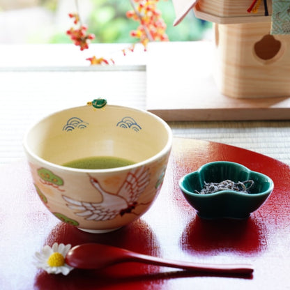 Crane and turtle matcha bowl with matcha, New Year table setting