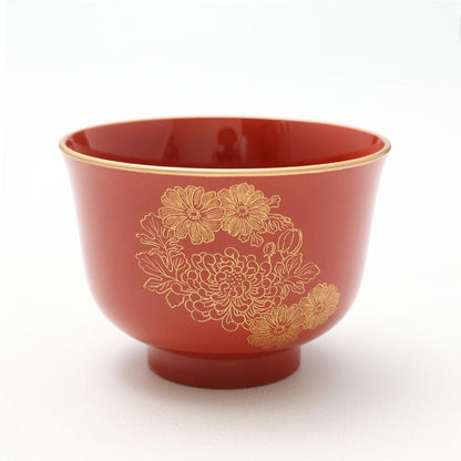 LILY-SHAPED SOUP BOWL – PERSIMMON RED WITH GOLD CHRYSANTHEMUM (ECHIZEN)