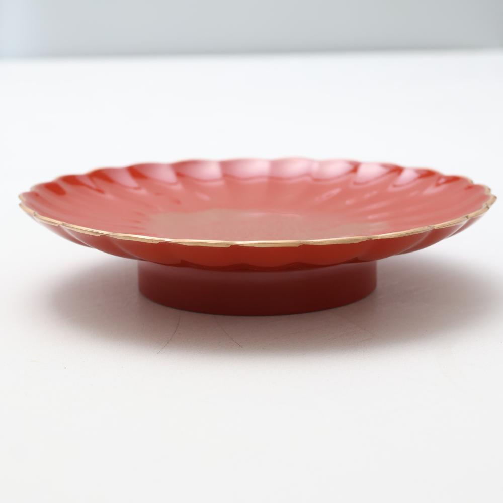 FOOTED CHRYSANTHEMUM PLATE – VERMILION WITH GOLD, 8 IN (ECHIZEN)