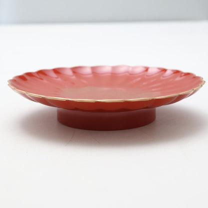 FOOTED CHRYSANTHEMUM PLATE – VERMILION WITH GOLD, 8 IN (ECHIZEN)
