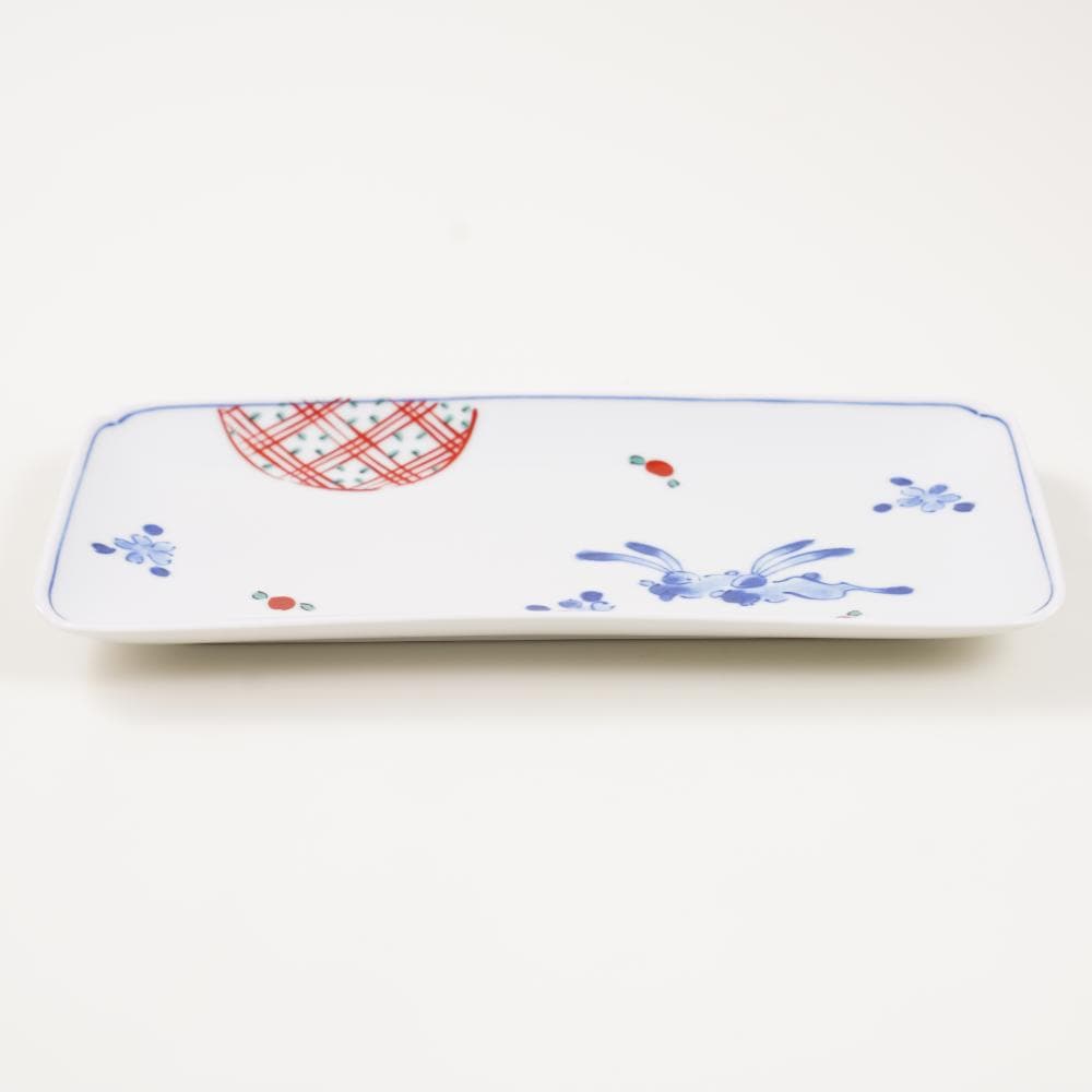 "HANA-USAGI" LONG PLATE – RABBIT & FLOWERS, 9 IN (HASAMI)
