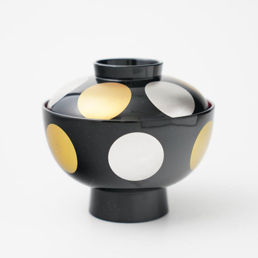YUWEN ORIGINAL BLACK WITH RED INTERIOR SOUP BOWL "KIN-GIN NICHIGETSU" (SUN & MOON DESIGN)