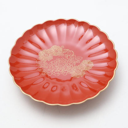 FOOTED CHRYSANTHEMUM PLATE – VERMILION WITH GOLD, 8 IN (ECHIZEN)