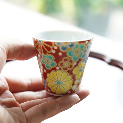 GOOD FORTUNE SAKE CUP – PLUM & CHRYSANTHEMUM (KUTANI)
