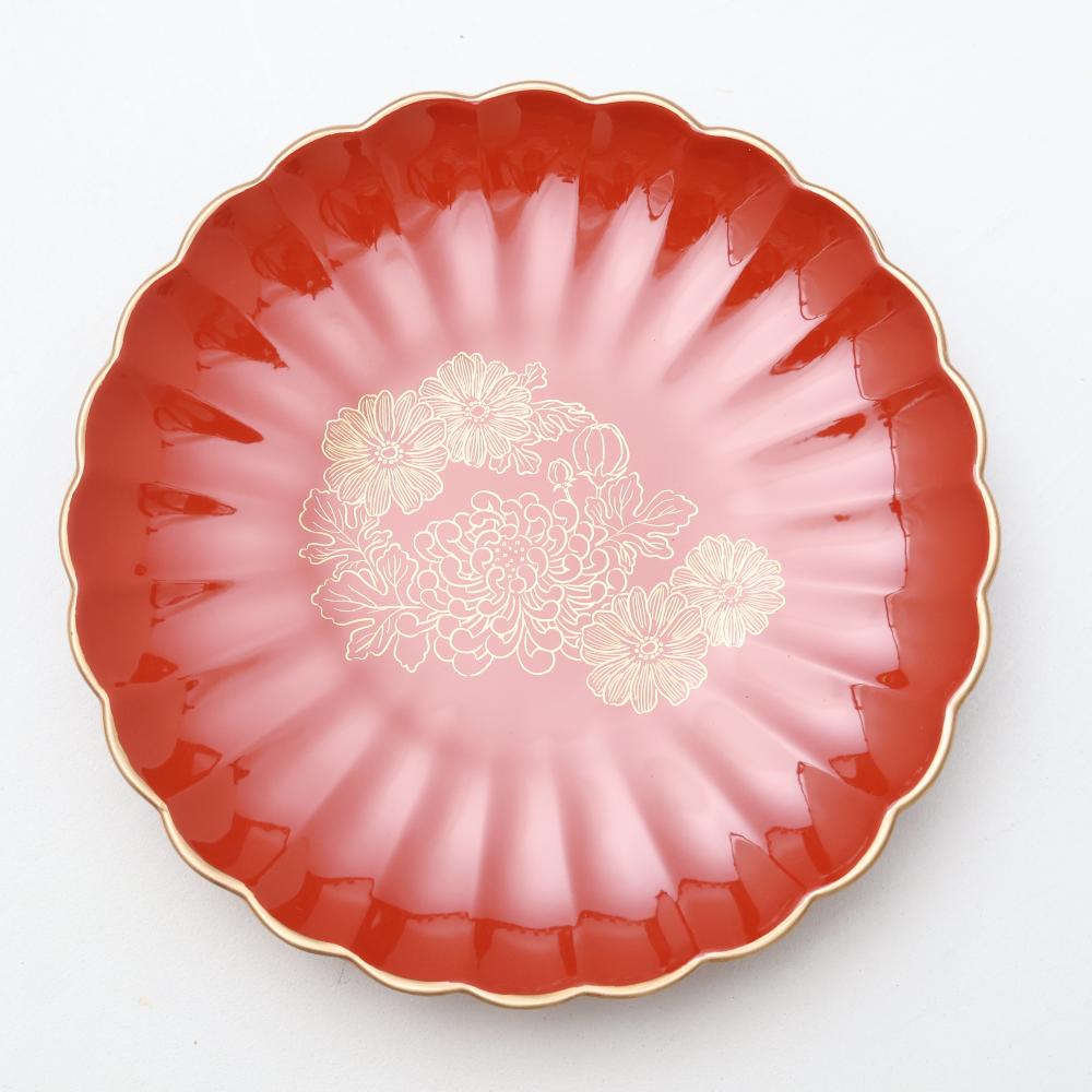 FOOTED CHRYSANTHEMUM PLATE – VERMILION WITH GOLD, 8 IN (ECHIZEN)