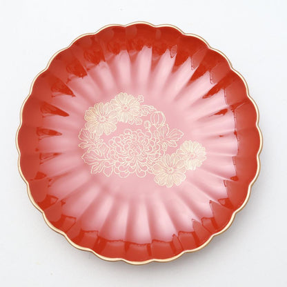 FOOTED CHRYSANTHEMUM PLATE – VERMILION WITH GOLD, 8 IN (ECHIZEN)