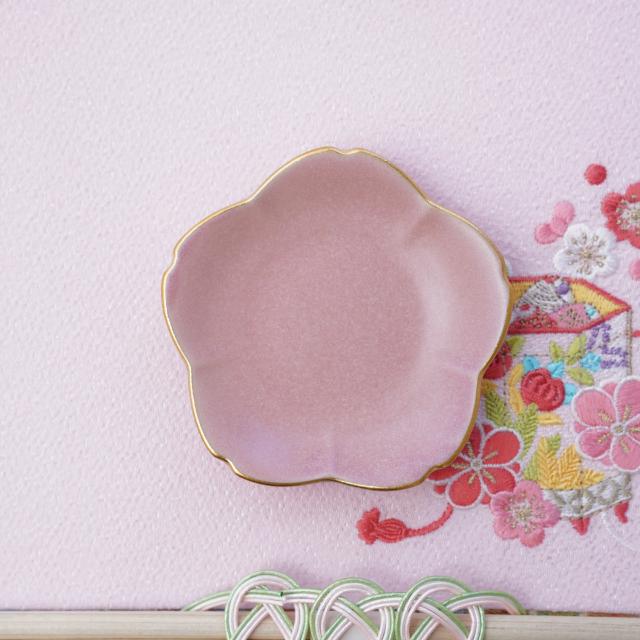 CHERRY BLOSSOM MINI PLATE – PINK MATTE, GOLD RIM (YUWEN)