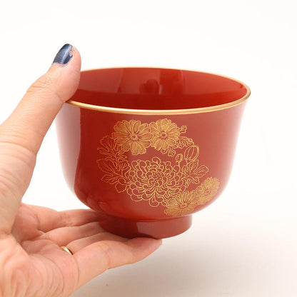 LILY-SHAPED SOUP BOWL – PERSIMMON RED WITH GOLD CHRYSANTHEMUM (ECHIZEN)