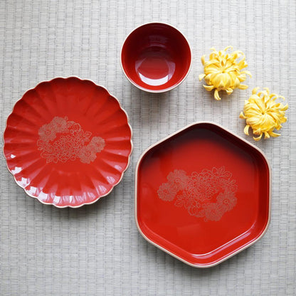 FOOTED CHRYSANTHEMUM PLATE – VERMILION WITH GOLD, 8 IN (ECHIZEN)