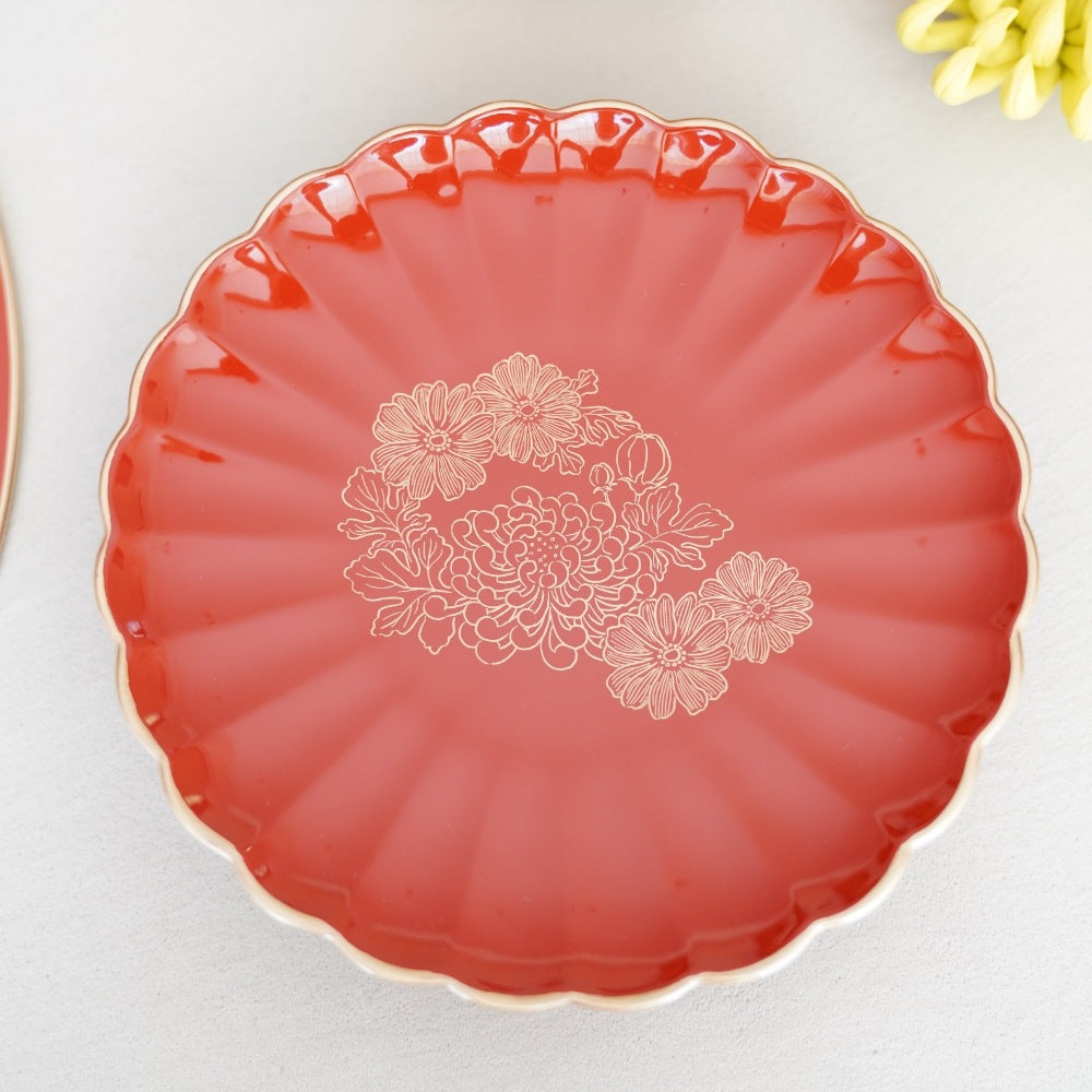 FOOTED CHRYSANTHEMUM PLATE – VERMILION WITH GOLD, 8 IN (ECHIZEN)